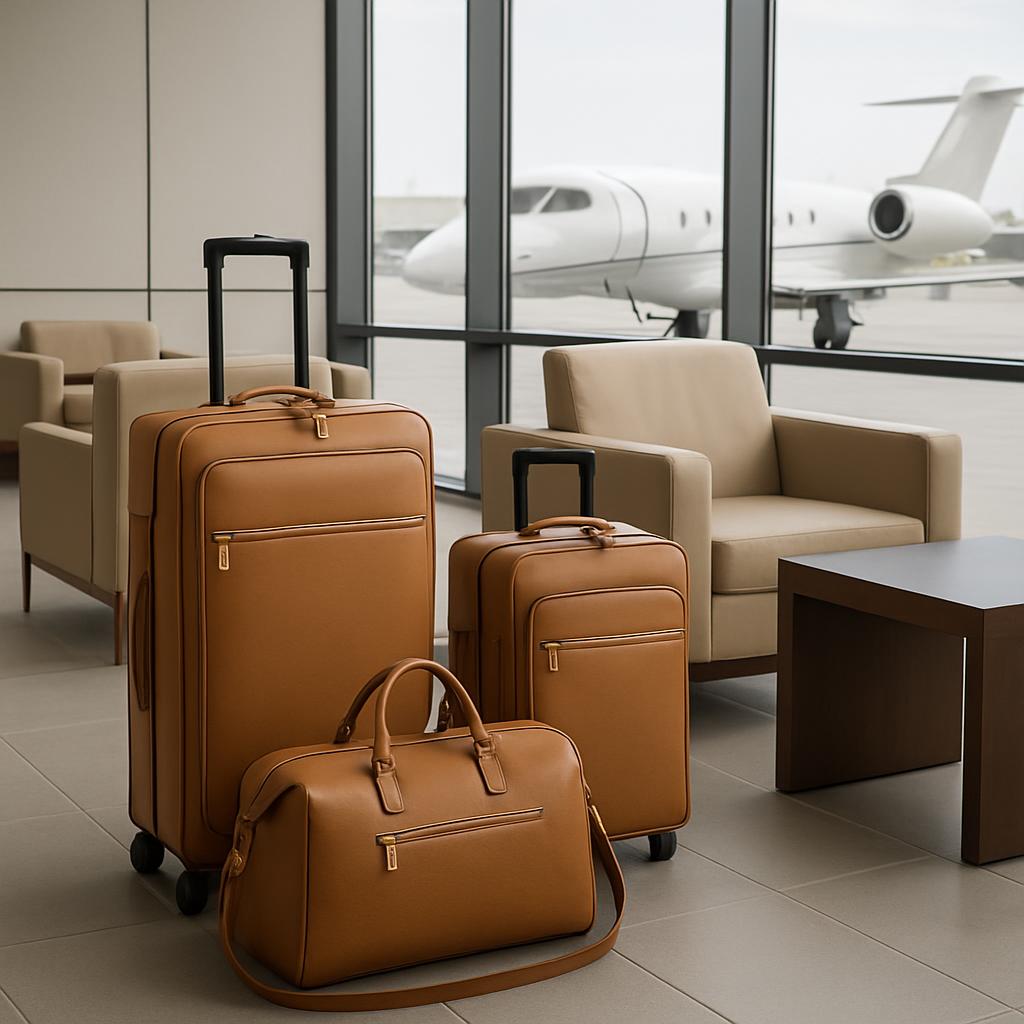 A luggage set consisting of a smaller duffel bag, mid-sized suitcase, and large suitcase in tan color, situated in an airp...
